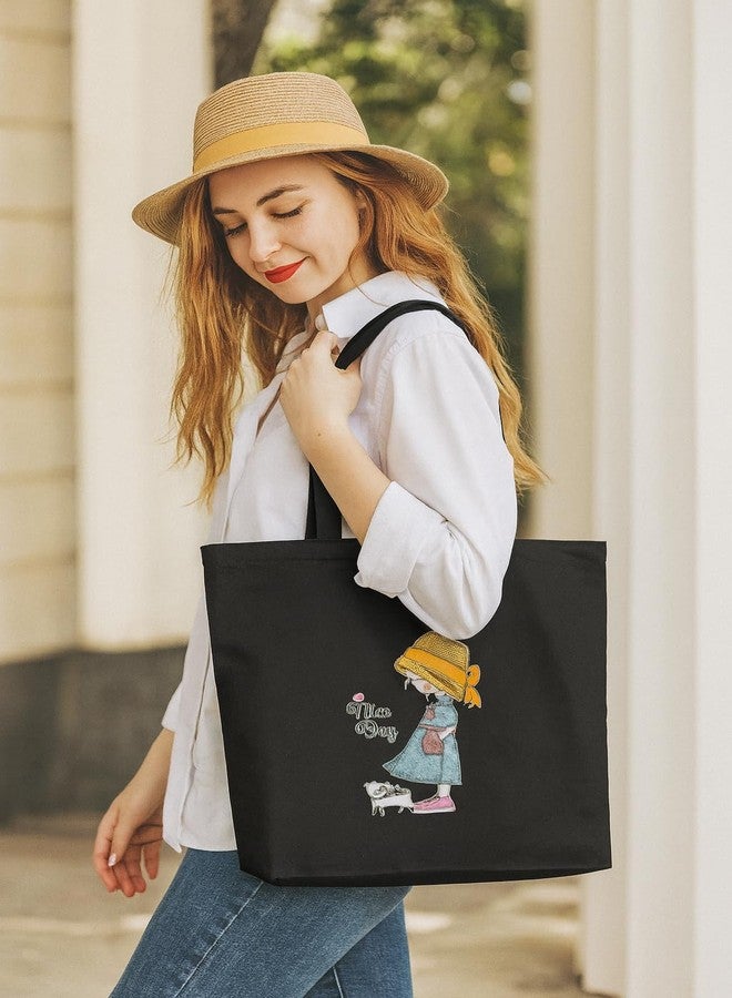 KeepCart Reusable Canvas Tote Bags For Girls Women, Shopping Bag For Grocery, Vegetable Bags For Market, Aesthetic Office Bag For Women, Stylish Bag For Girls College, Black - Image 2